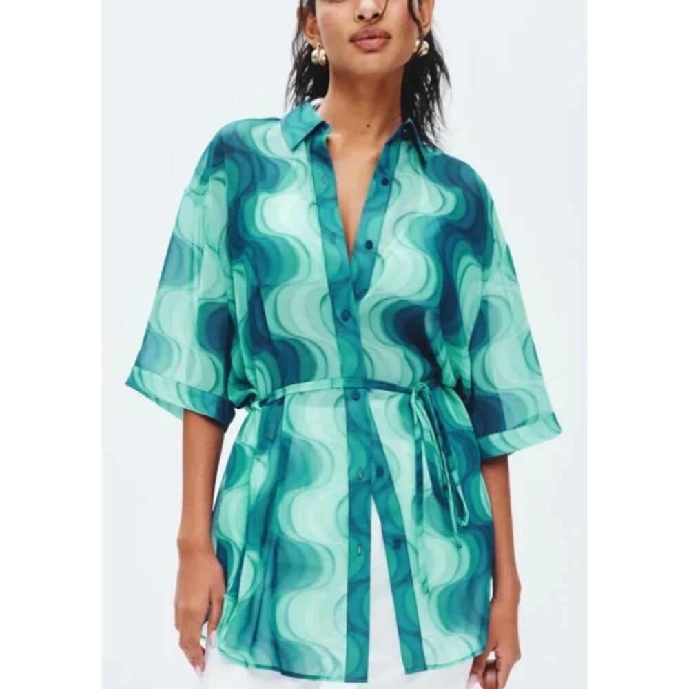 Devon Windsor Gala Cover-Up Shirt Sheer 3/4 Sleeve Tie Waist Top Wave Blue Small